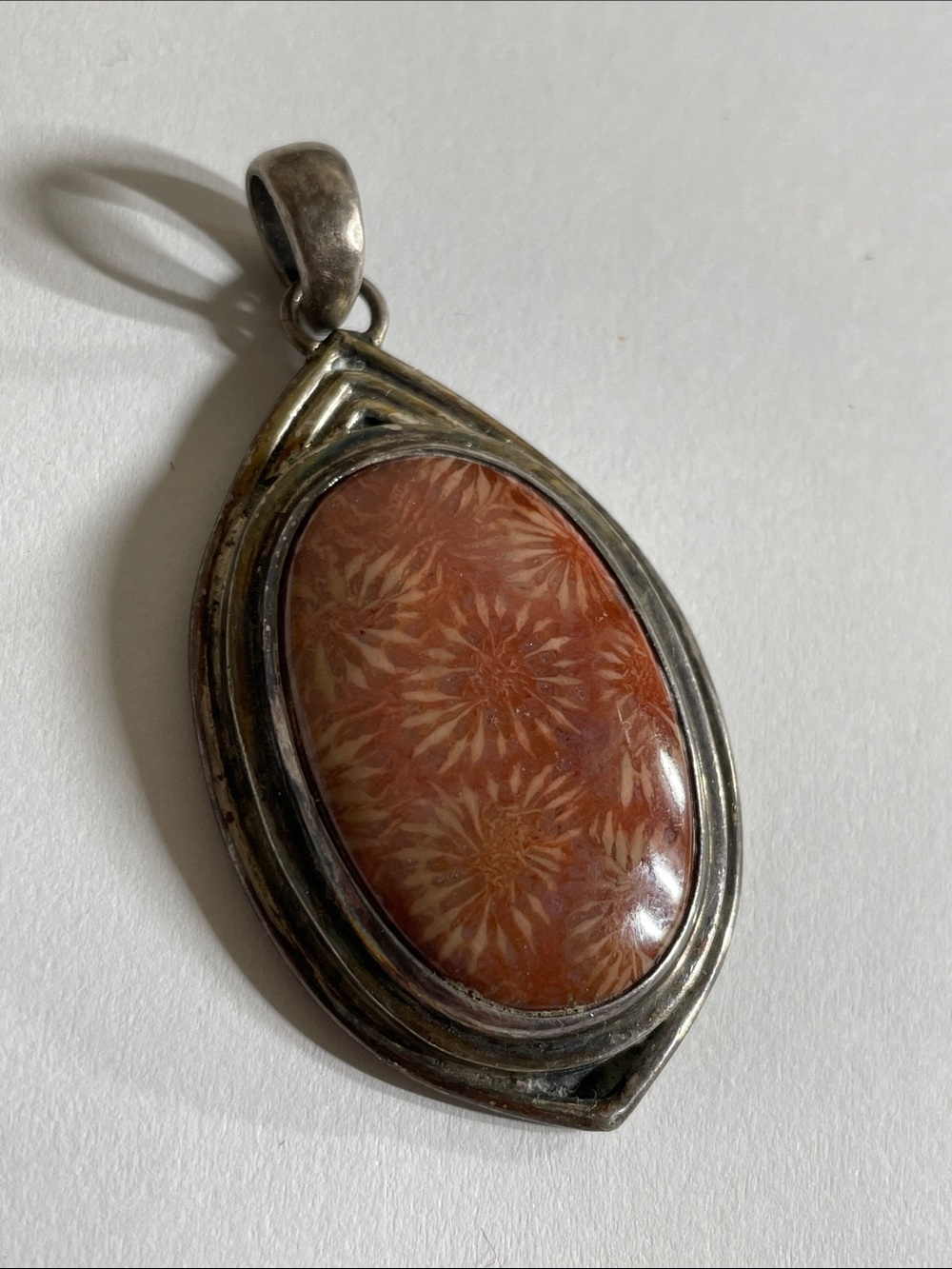 Sterling Silver Orange Fossil Coral Oval Pendant Necklace